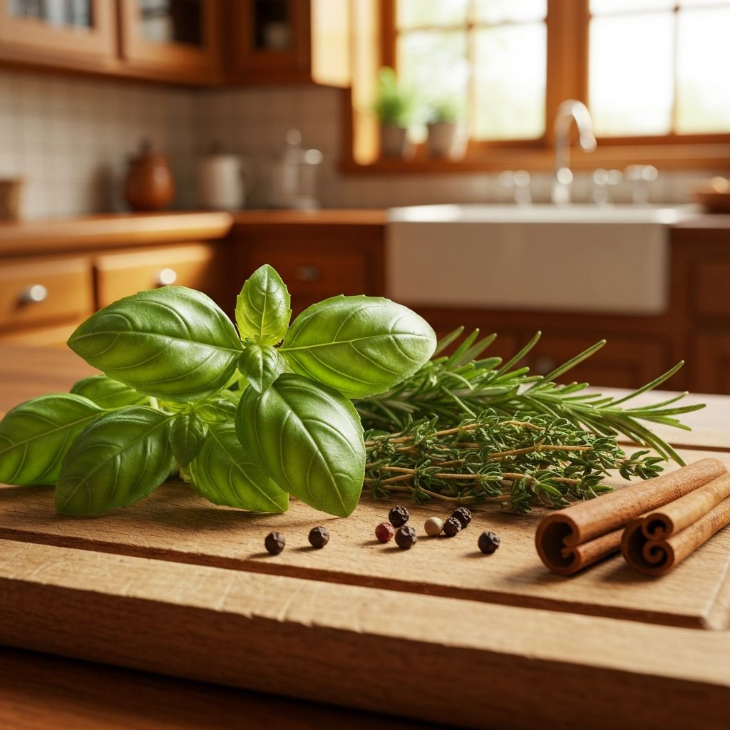 Świeże zioła i naturalne przyprawy na drewnianej desce